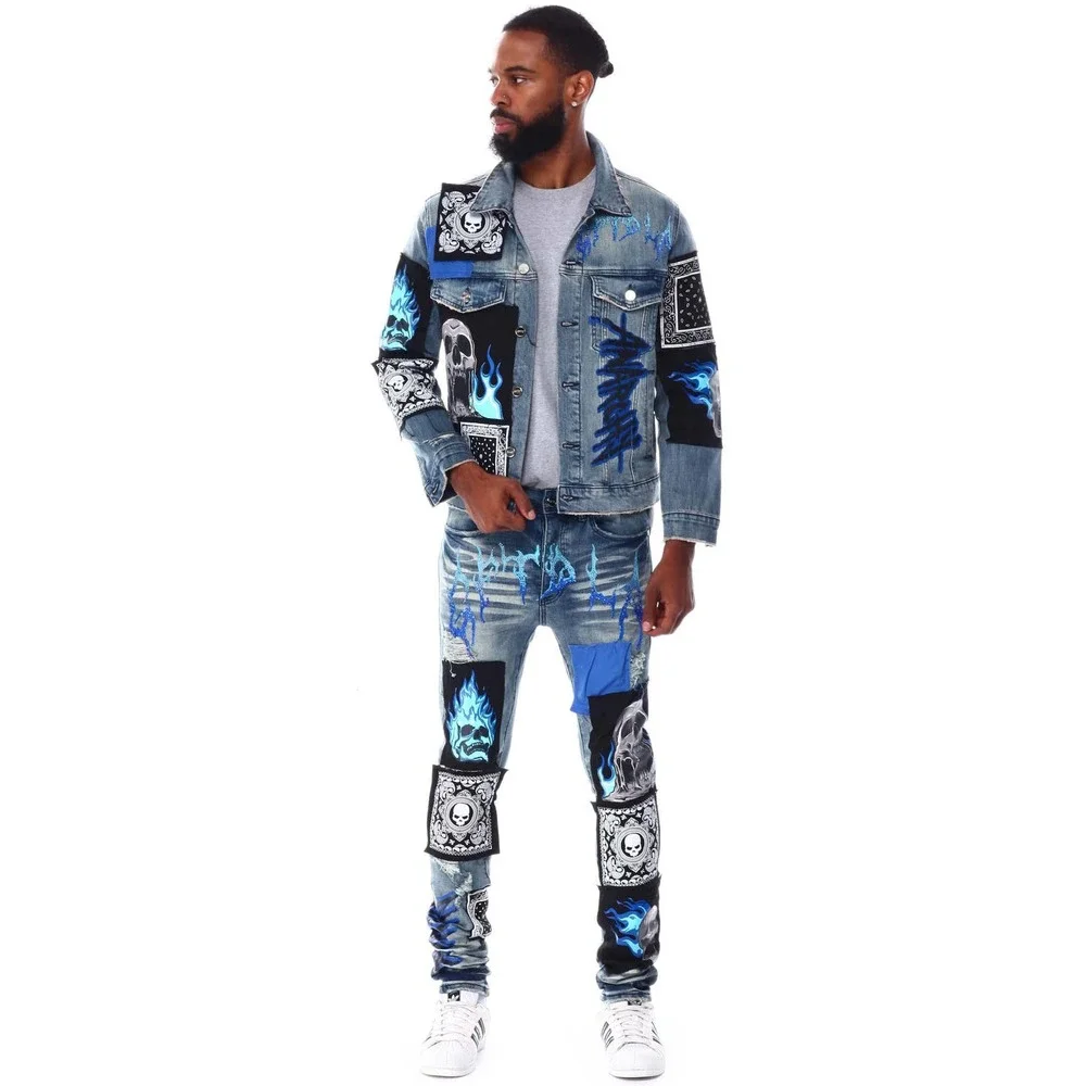 GFTD LA Los Angeles Men's Skinny Fit Panel Patch Fire Skull Distressed Rip Jeans - Picture 4 of 7